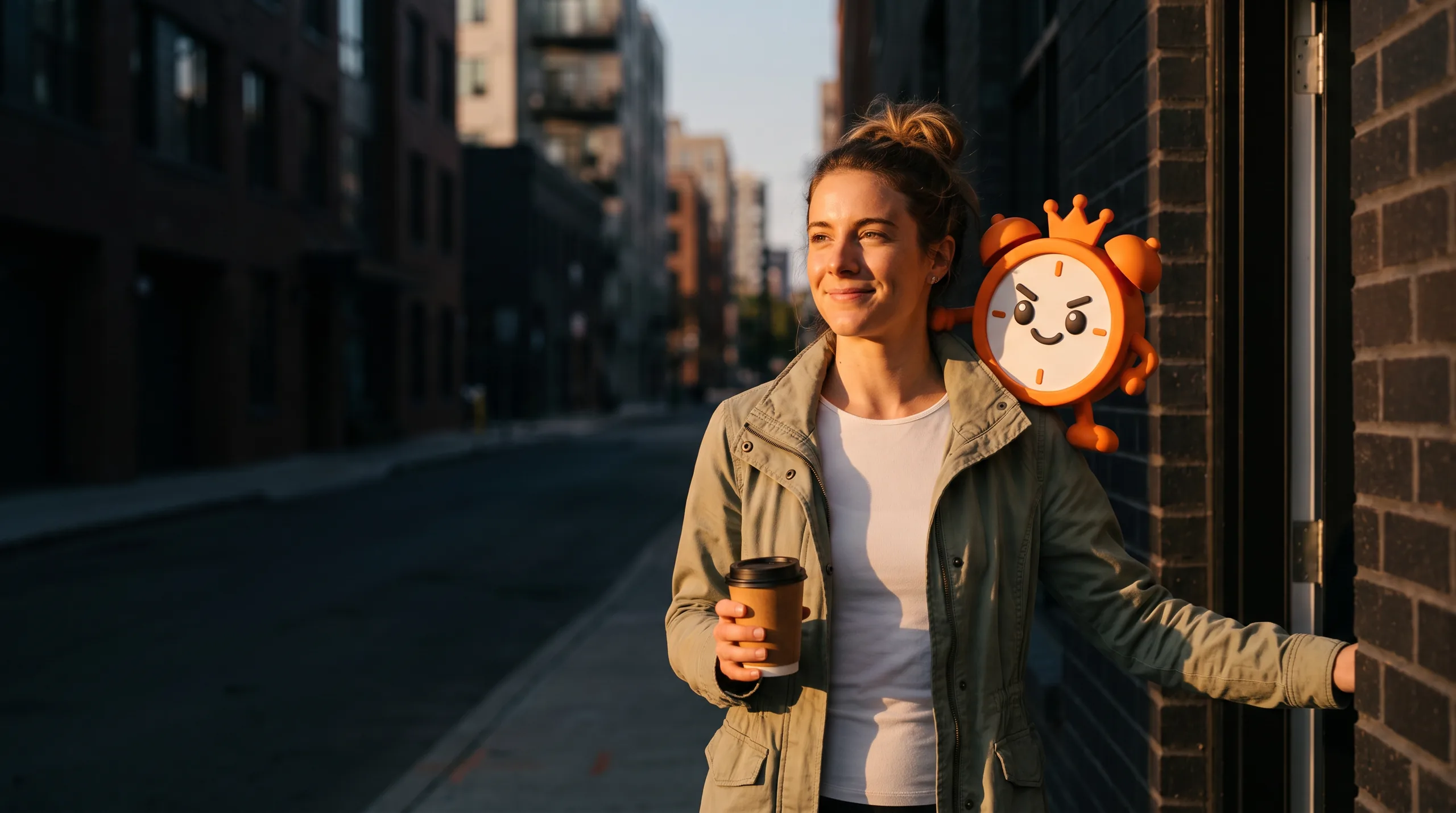 A woman stepping out of her front door into low morning sun with a coffee, the AlarmRoyale clock character sitting on her shoulder.