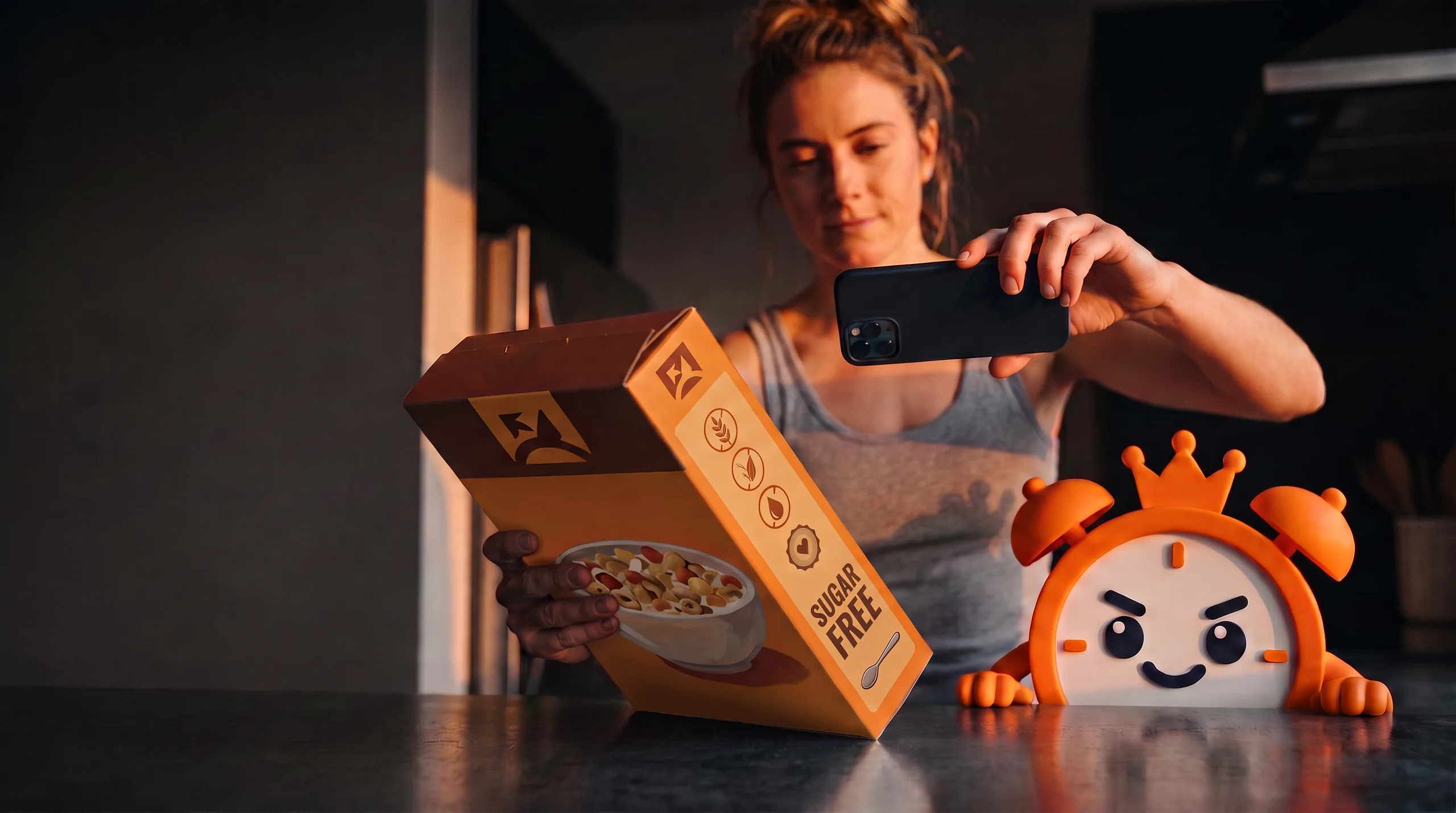 Close on a woman holding a cereal box with one hand and pointing her phone camera at its barcode with the other, in a dark kitchen at dawn, the AlarmRoyale clock character peeking over the counter beside the box.