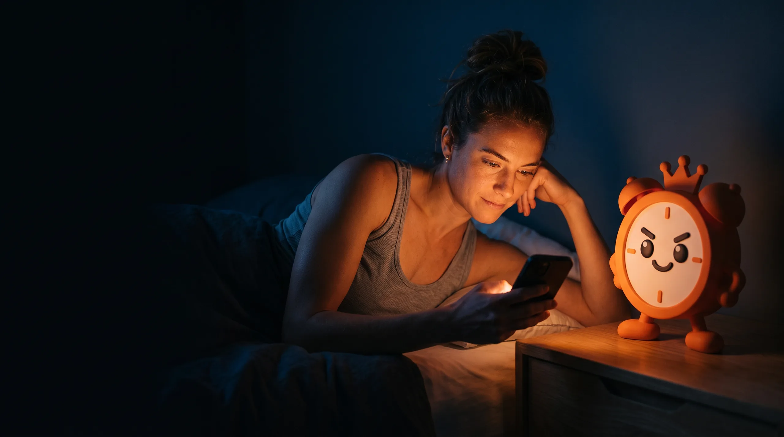 A woman in bed at night setting an alarm on her phone, the AlarmRoyale clock character watching from the bedside table.